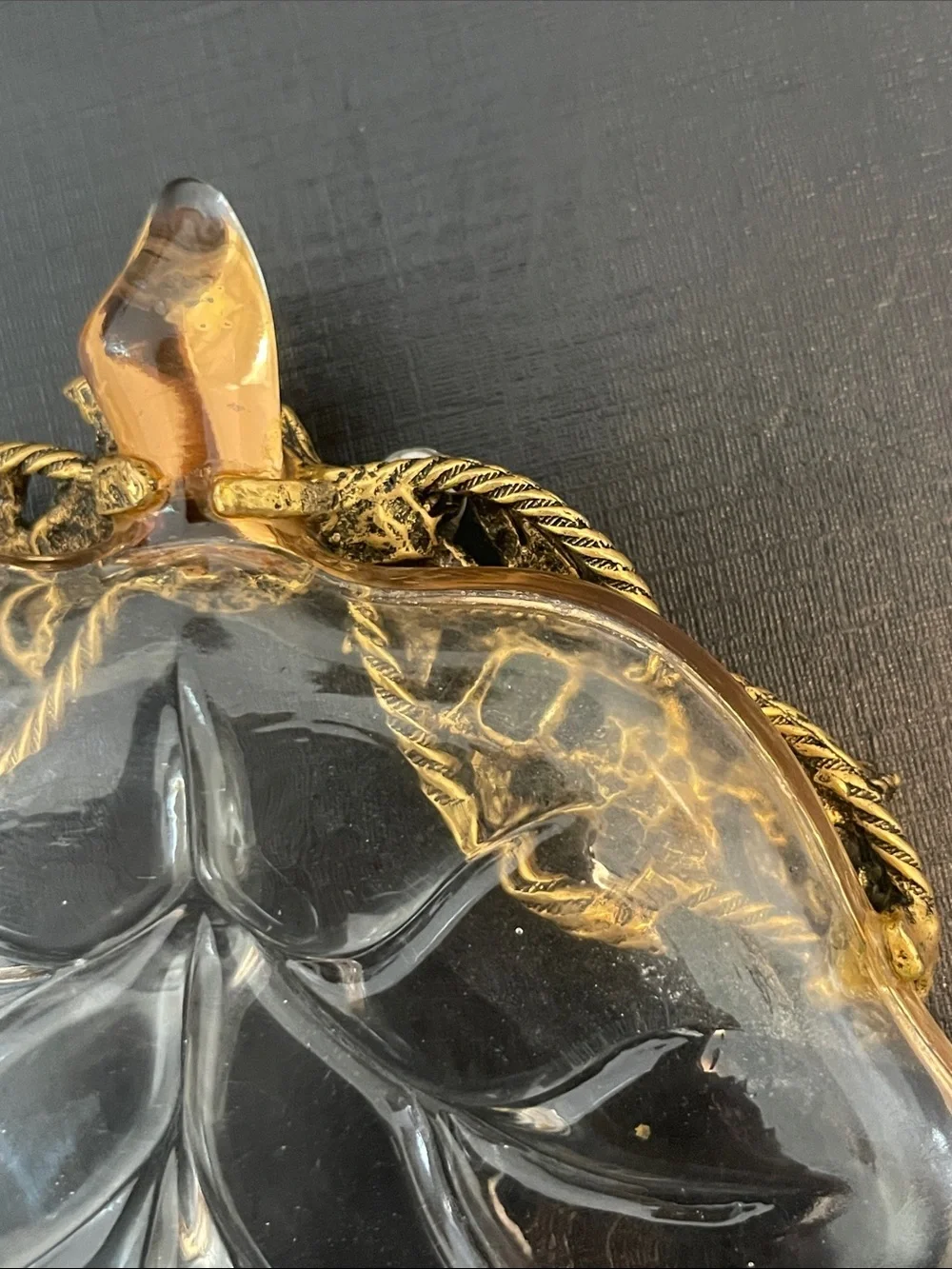 Vintage Glass Leaf Trinket Dish with Gold-Tone Jeweled Trim and Gold Rim